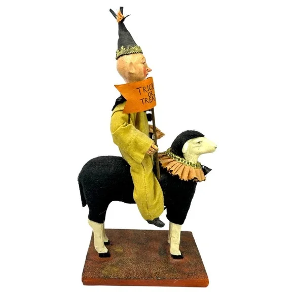 Bethany Lowe Halloween Jester Clown on Sheep w/ Trick Treat Flag Jack o Lantern - Picture 5 of 13